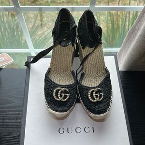 Gucci Cotton Crochet Pearly GG Wrap Platform Espadrille Wedges